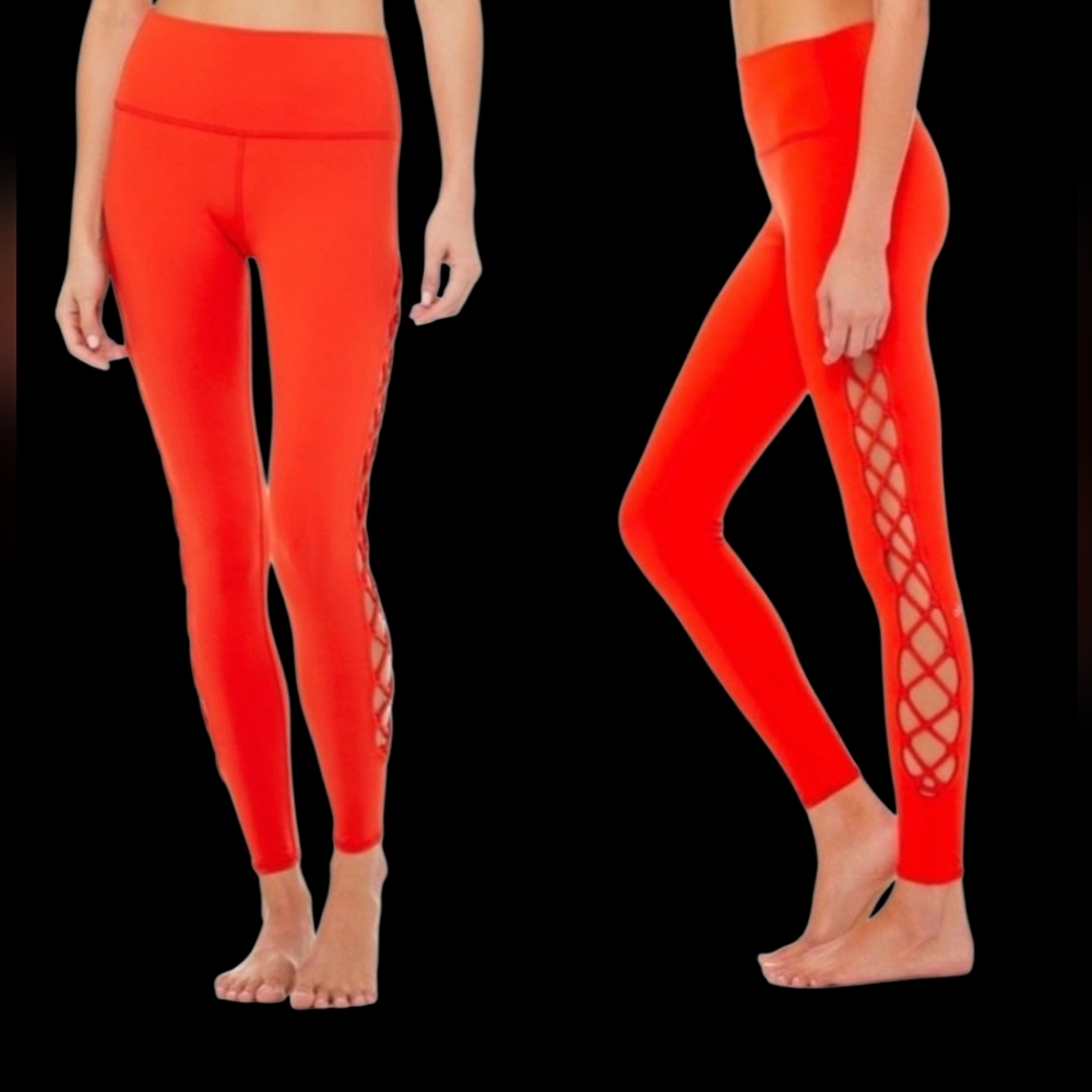 ALO Yoga Vibrant Orange Leggings with Lattice Detail